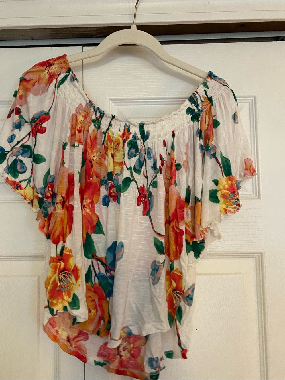 American Rag Cie White Off-Shoulder Floral Blouse with Orange & Green Print
